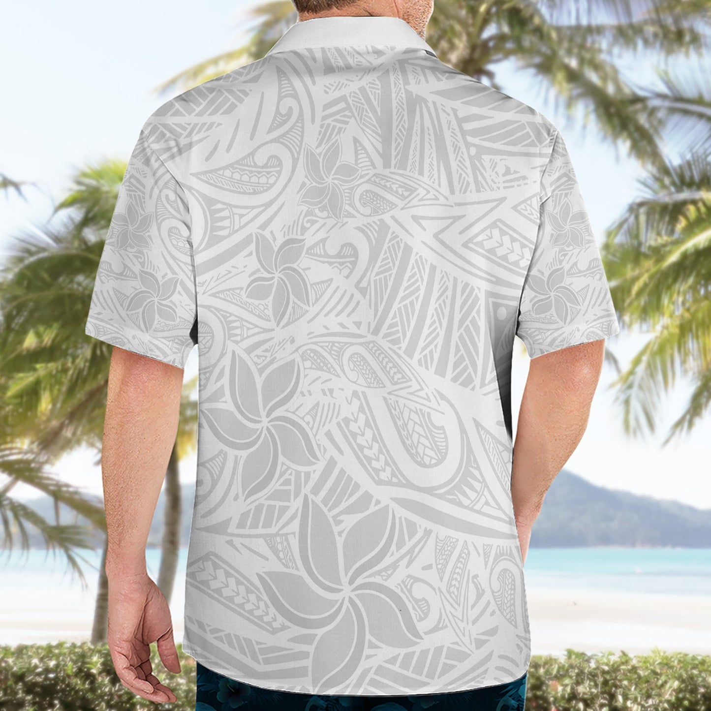 Polynesia White Sunday Hawaiihemd mit polynesischem Muster und tropischen Blumen LT14