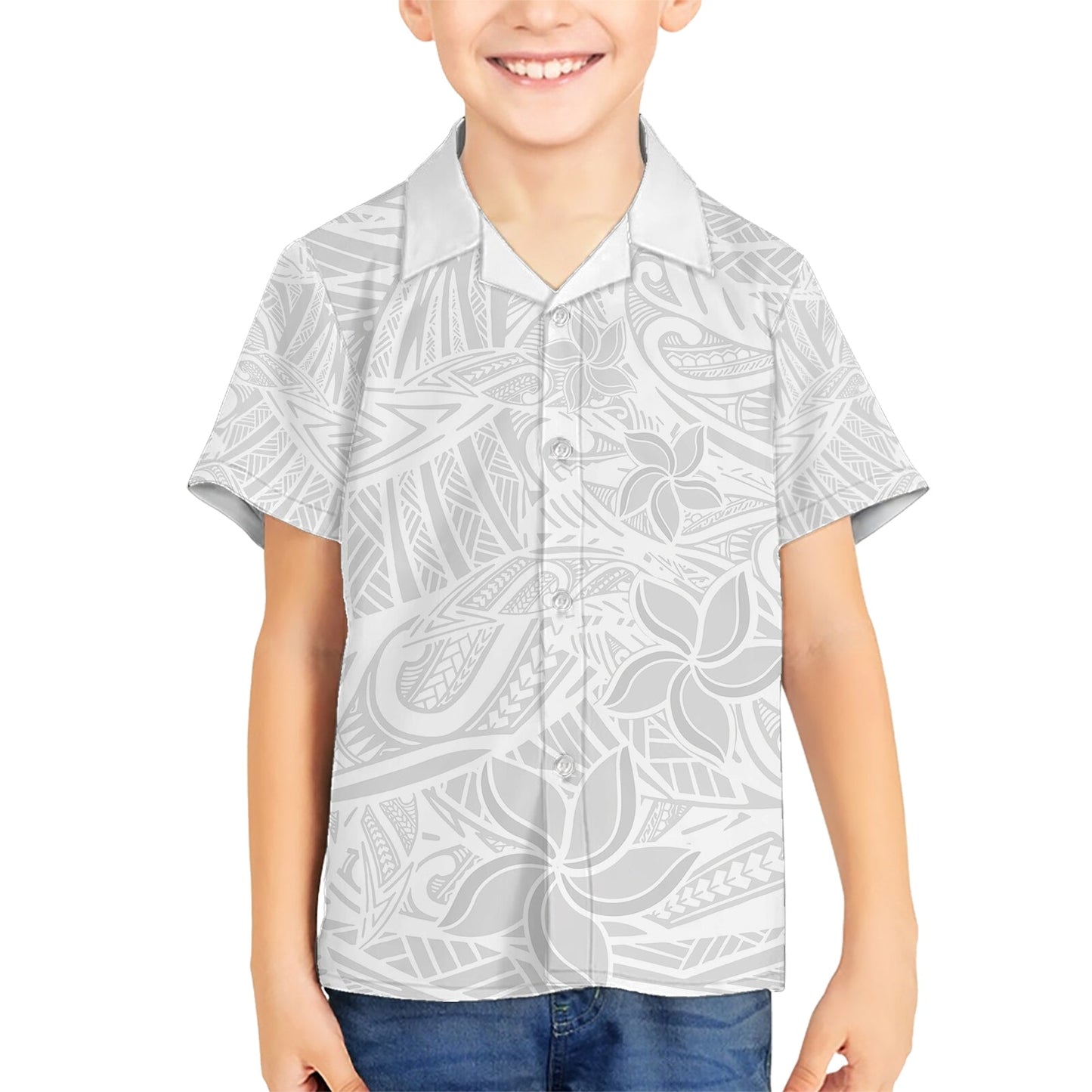 Polynesia White Sunday Hawaiihemd mit polynesischem Muster und tropischen Blumen LT14