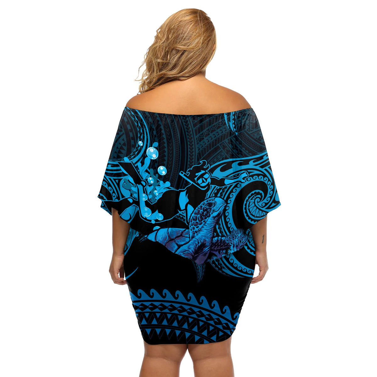 Blaues Aloha Hawaii schulterfreies kurzes Kleider blumen Schnorcheln mit Meeresschildkröte polynesisches Muster LT14