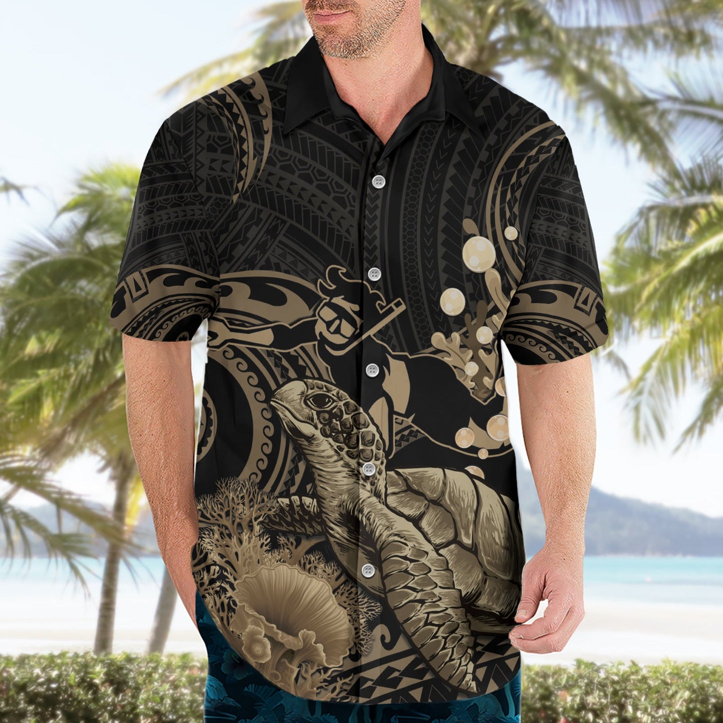 Gold Aloha Hawaii Hawaiihemd Schnorcheln mit Meeresschildkröte polynesisches Muster LT14