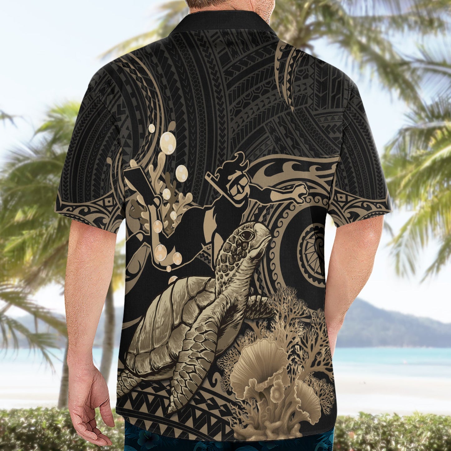 Gold Aloha Hawaii Hawaiihemd Schnorcheln mit Meeresschildkröte polynesisches Muster LT14