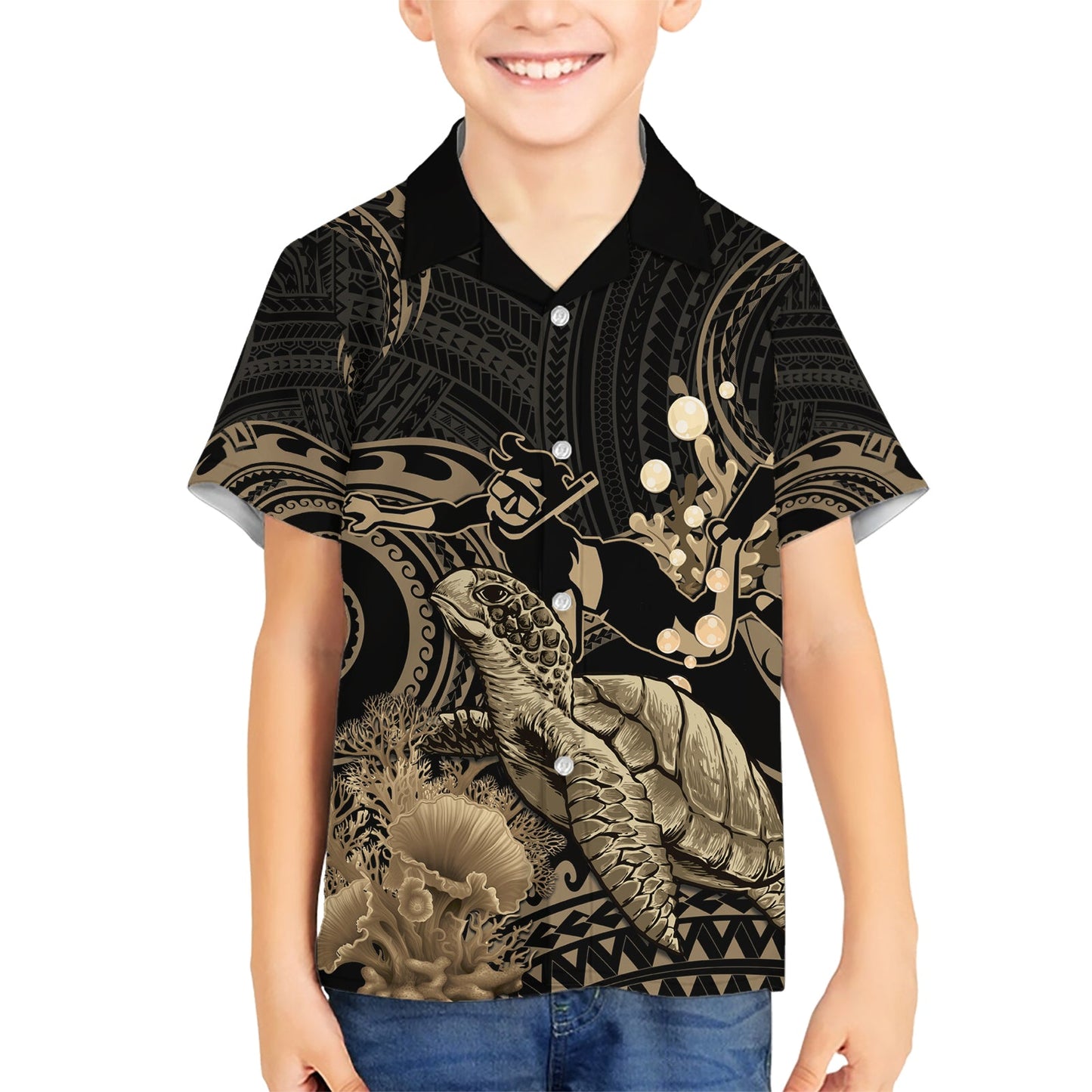 Gold Aloha Hawaii Hawaiihemd Schnorcheln mit Meeresschildkröte polynesisches Muster LT14