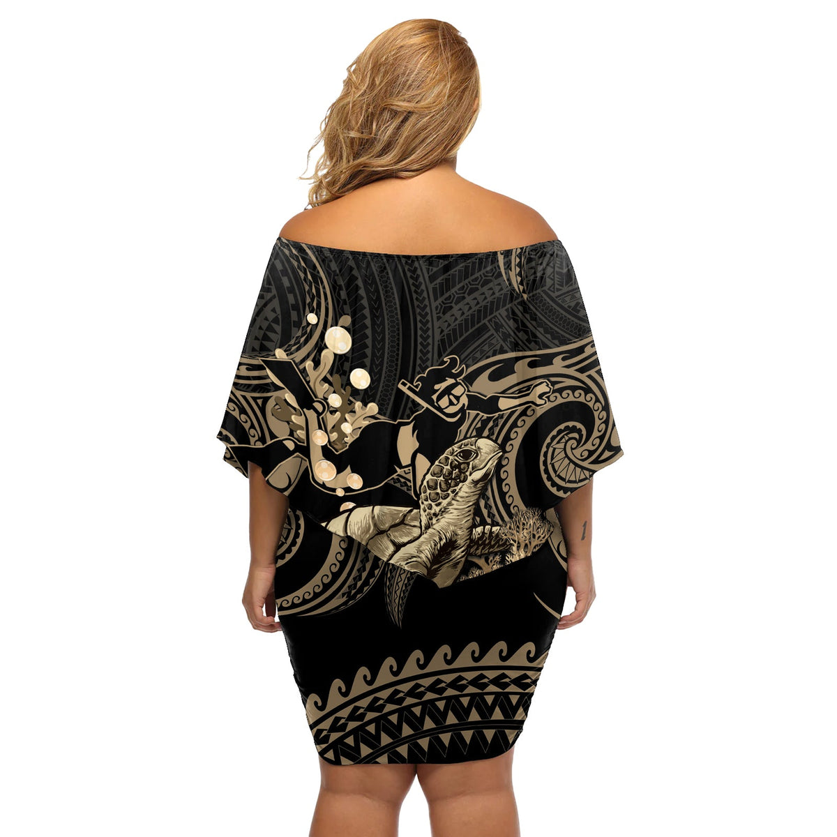 Gold Aloha Hawaii Off Shoulder Kurzes Kleider blumen Schnorcheln mit Meeresschildkröte Polynesisches Muster LT14