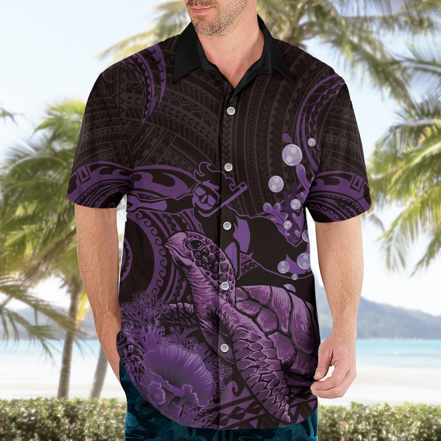 Lila Aloha Hawaii Hawaiihemd Schnorcheln mit Meeresschildkröte polynesisches Muster LT14