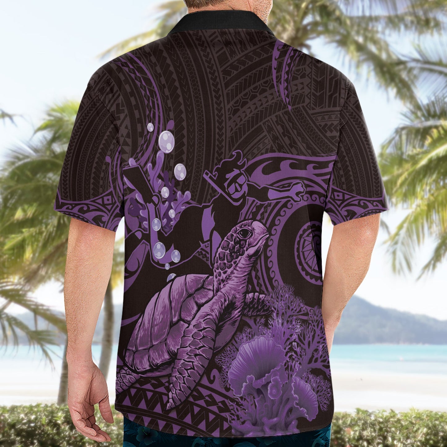 Lila Aloha Hawaii Hawaiihemd Schnorcheln mit Meeresschildkröte polynesisches Muster LT14