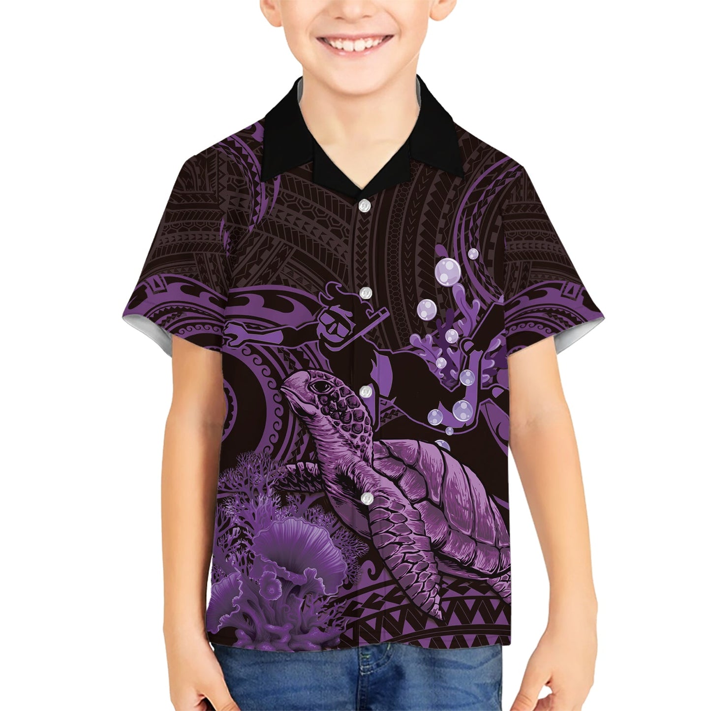 Lila Aloha Hawaii Hawaiihemd Schnorcheln mit Meeresschildkröte polynesisches Muster LT14