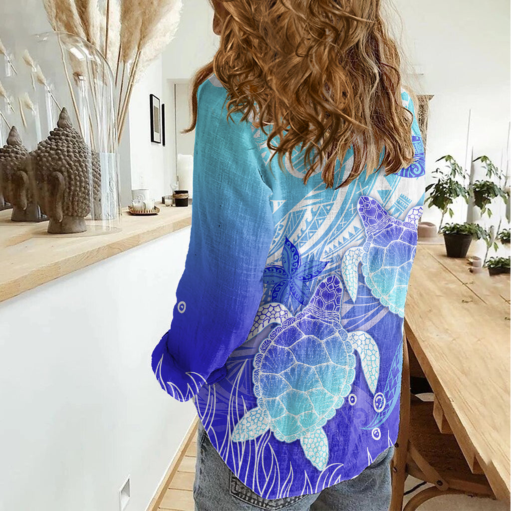 Polynesia Valentinstag Damen Casual Shirt Polynesian Sea Turtle Türkis Version LT14