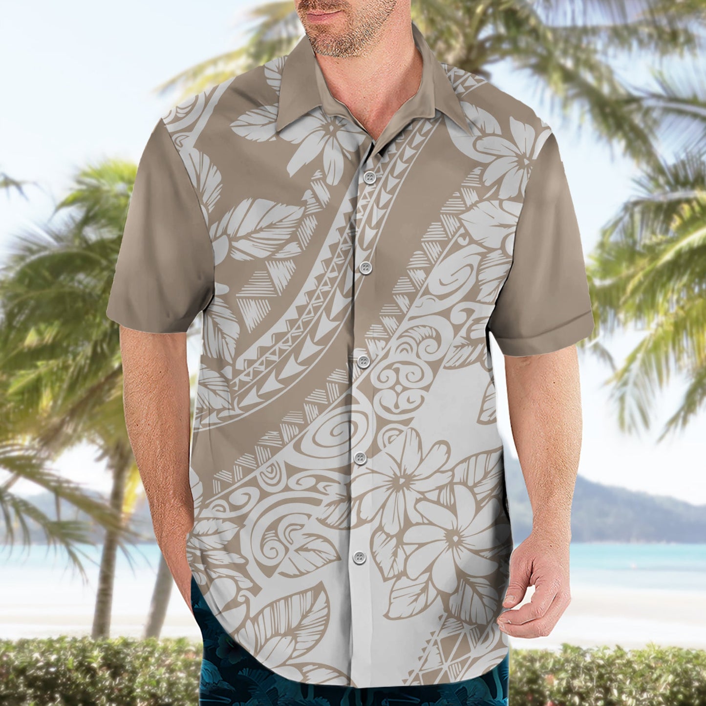 Polynesien Hawaiihemd Polynesische Tropische Blumen Beige Pastell Vibes LT14