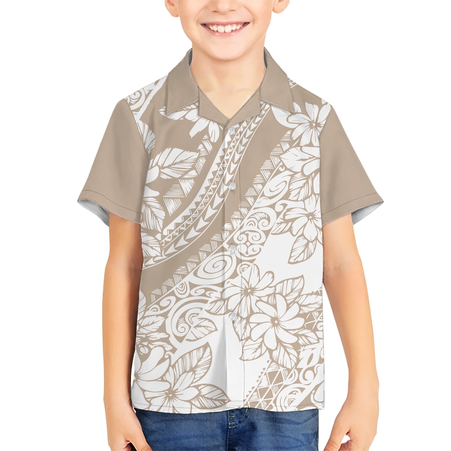Polynesien Hawaiihemd Polynesische Tropische Blumen Beige Pastell Vibes LT14