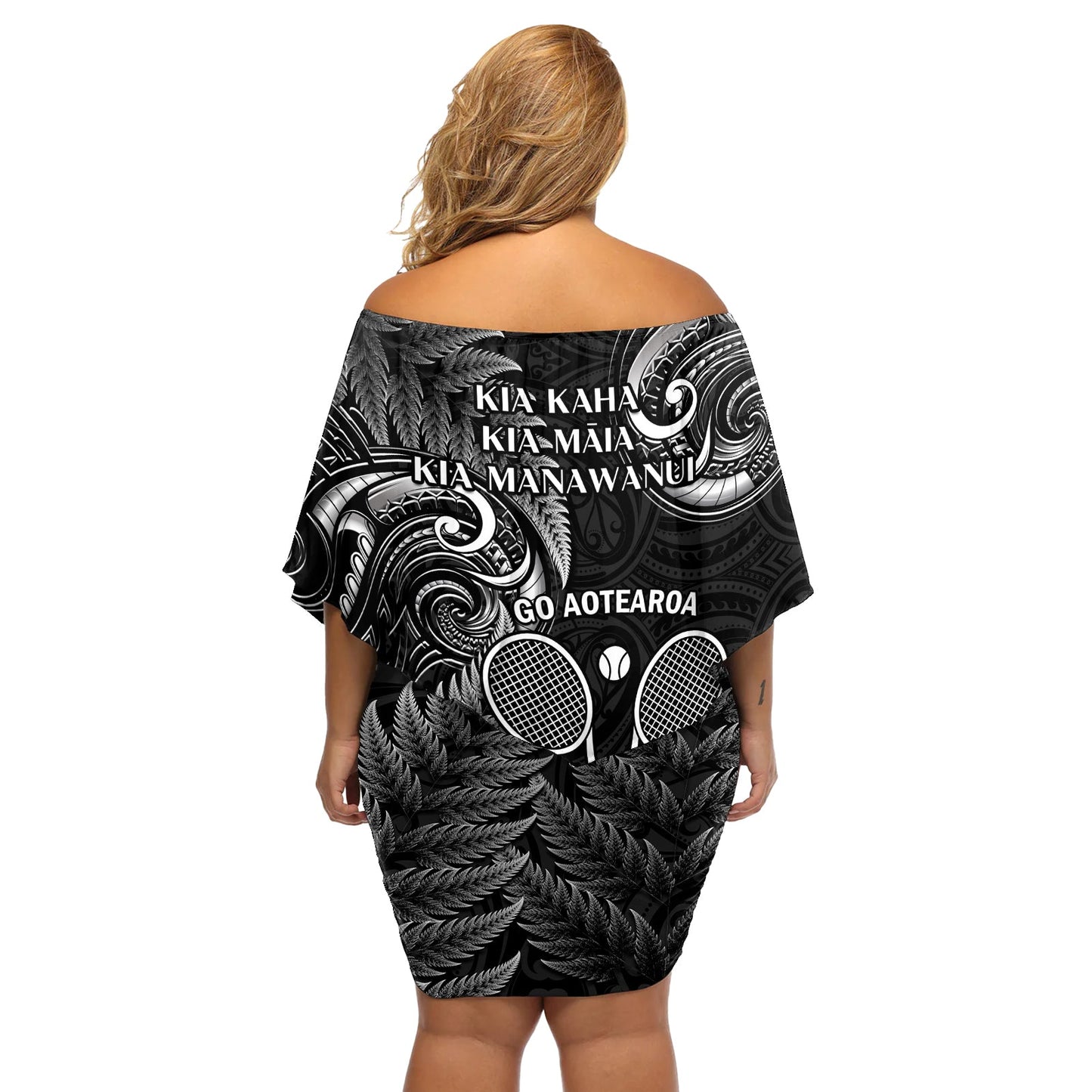 Neuseeland Tiki Tennis Off Shoulder Kurzes Kleid blumen 2024 Aotearoa Tenehi Maori Silver Fern - Schwarz LT14