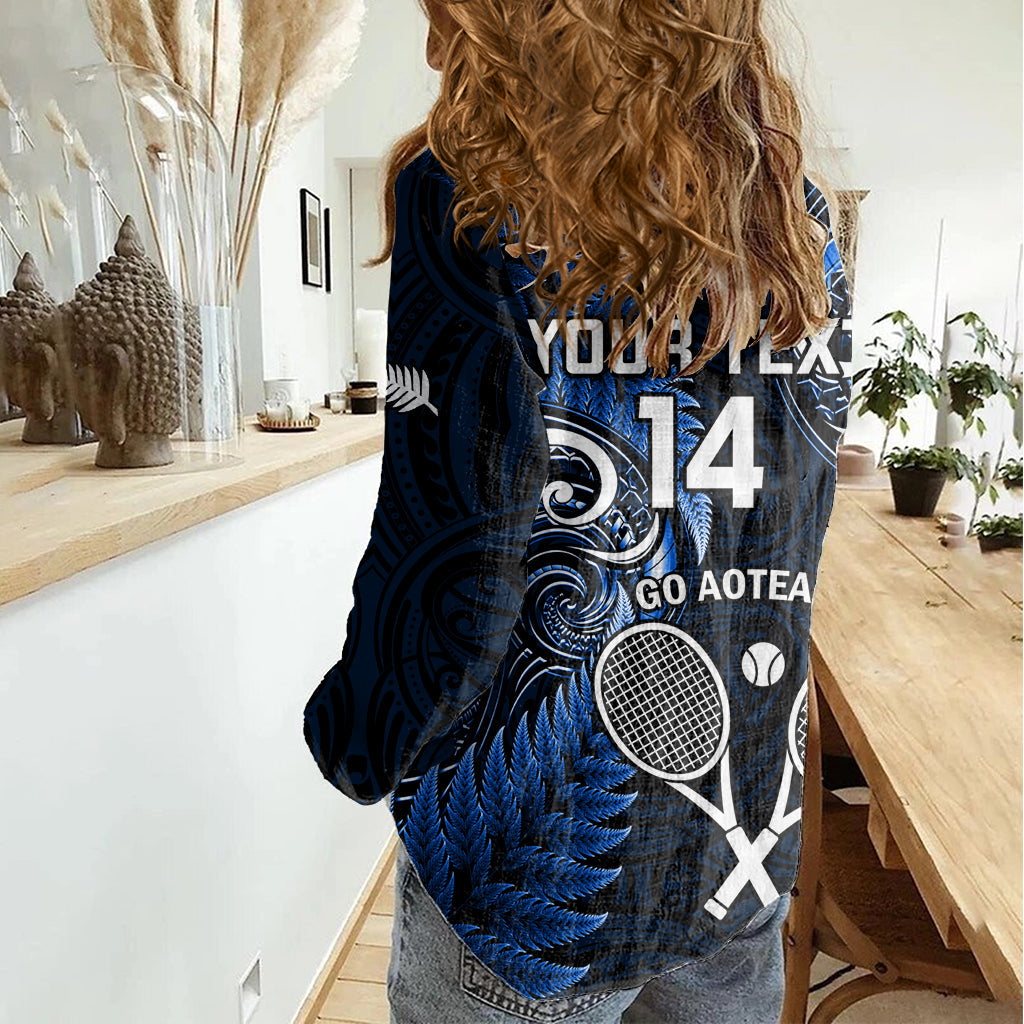Benutzerdefinierte Neuseeland Tiki Tennis Frauen Casual Shirt 2024 Aotearoa Tenehi Maori Silber Fern-Blau LT14