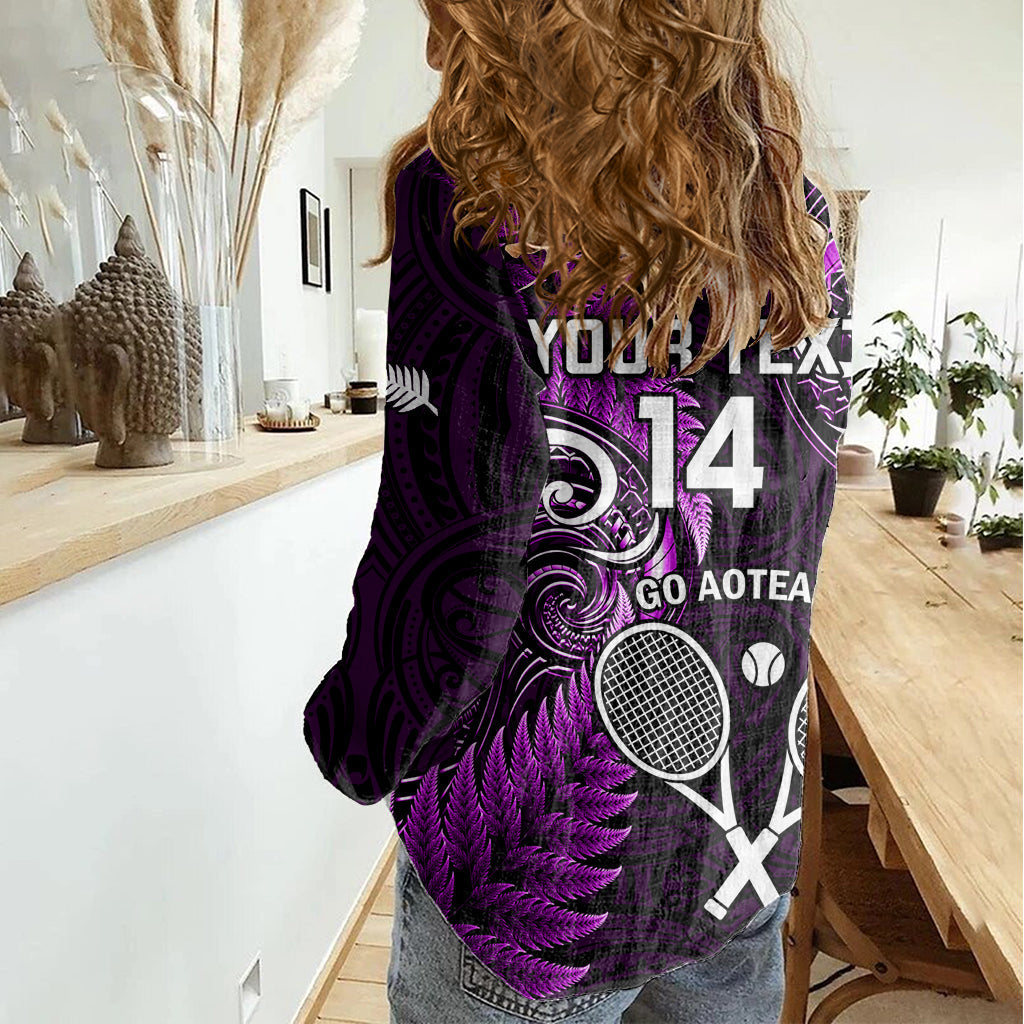 Benutzerdefinierte Neuseeland Tiki Tennis Frauen Casual Shirt 2024 Aotearoa Tenehi Maori Silber Fern-Lila LT14