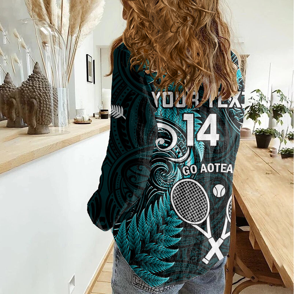 Benutzerdefinierte Neuseeland Tiki Tennis Frauen Casual Shirt 2024 Aotearoa Tenehi Maori Silber Farn - Türkis LT14