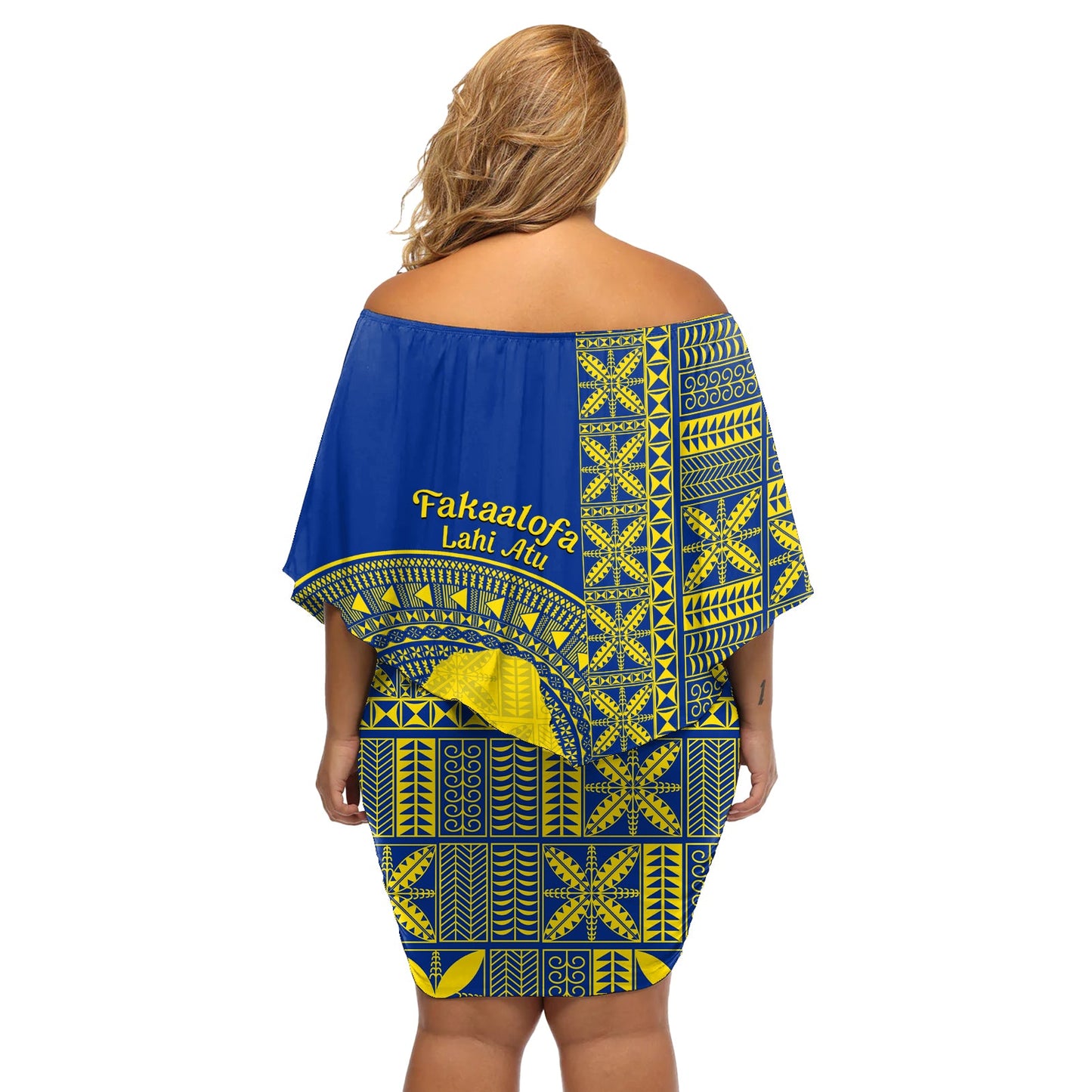 Fakaalofa Lahi Atu Niue Schulterfreies kurzes Kleid blumen Niuean Karte mit Hiapo Muster Blaue Version LT14