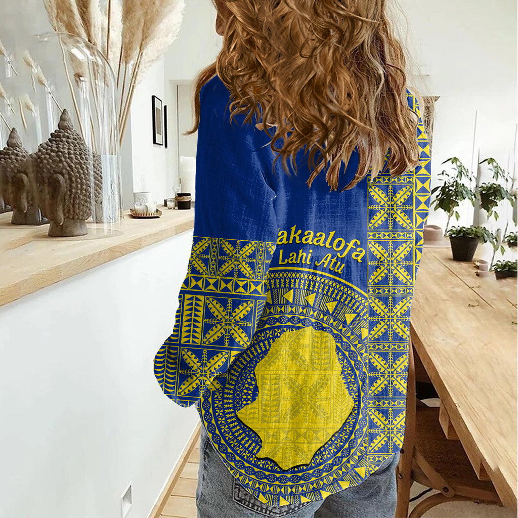 Fakaalofa Lahi Atu Niue Damen Freizeithemd Niuean Karte mit Hiapo Muster Blaue Version LT14