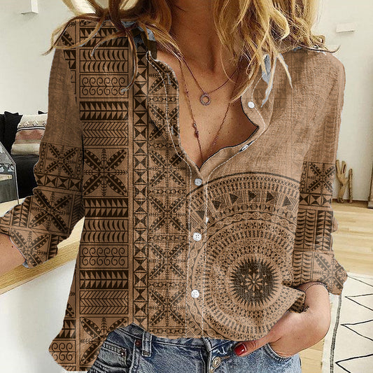 Fakaalofa Lahi Atu Niue Women Casual Shirt Vintage Hiapo Pattern Brown Version LT14 Female Brown - Polynesian Pride