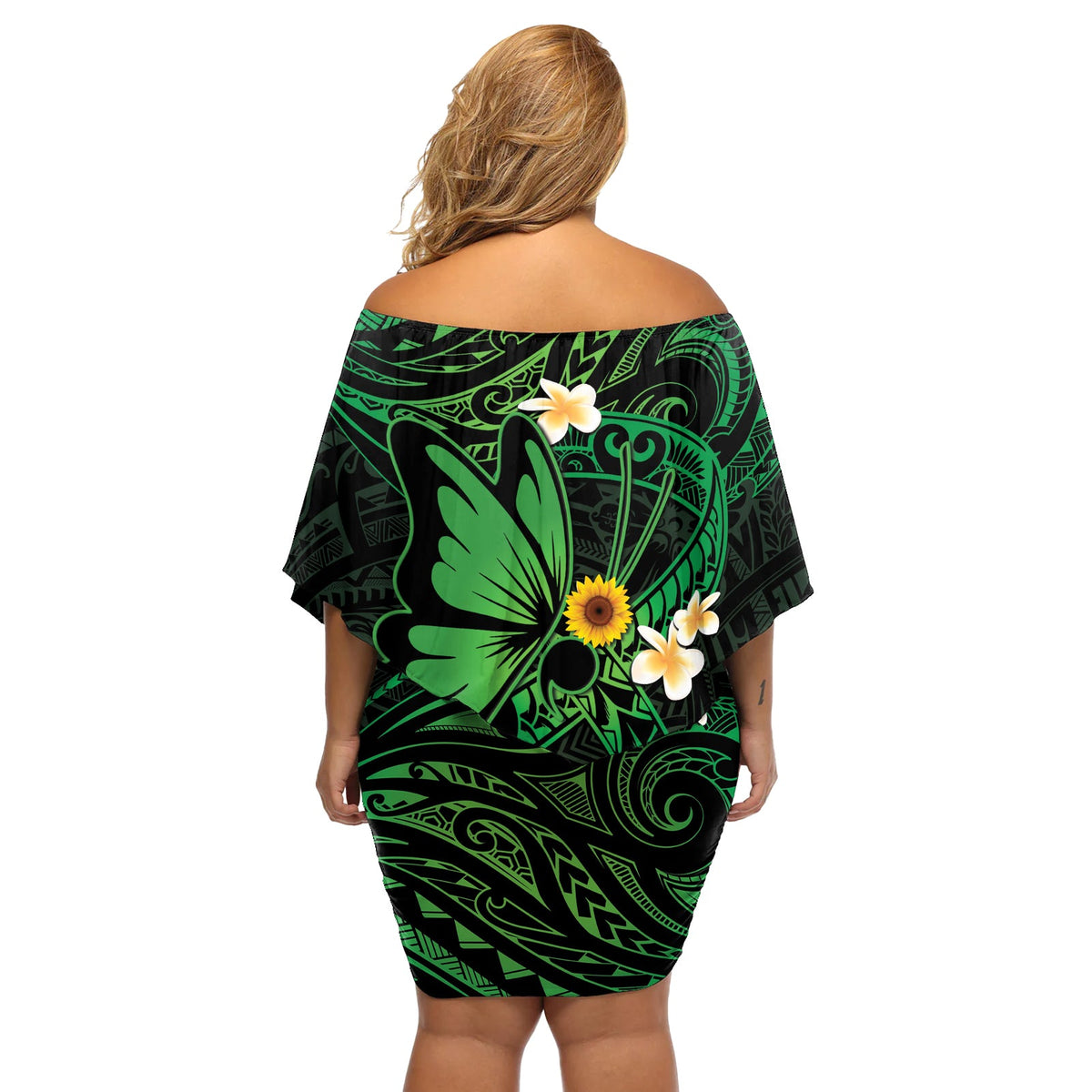 Polynesien Mental Health Awareness Off Shoulder Kurzes Kleider blumen Grünes Band Be Kind To Your Mind LT14