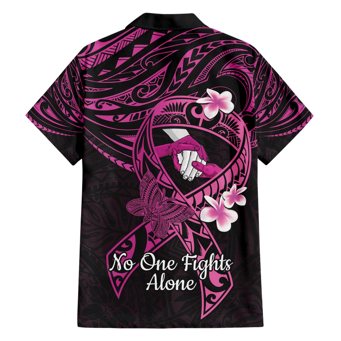 Polynesien Brustkrebs Bewusstsein Hawaiian Shirt Pink Ribbon No One Fights Alone - Schwarz LT14