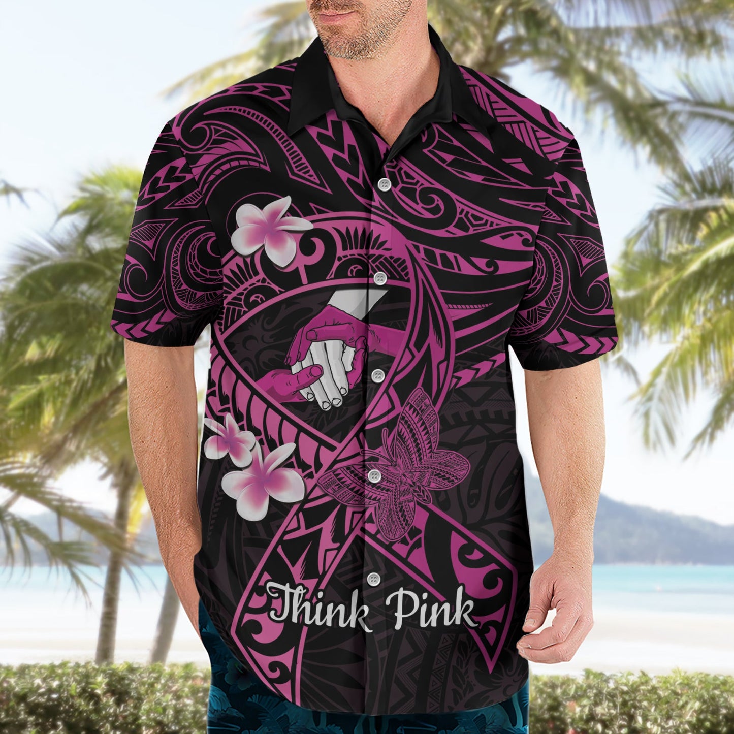 Polynesien Brustkrebs Bewusstsein Hawaiian Shirt Pink Ribbon No One Fights Alone - Schwarz LT14