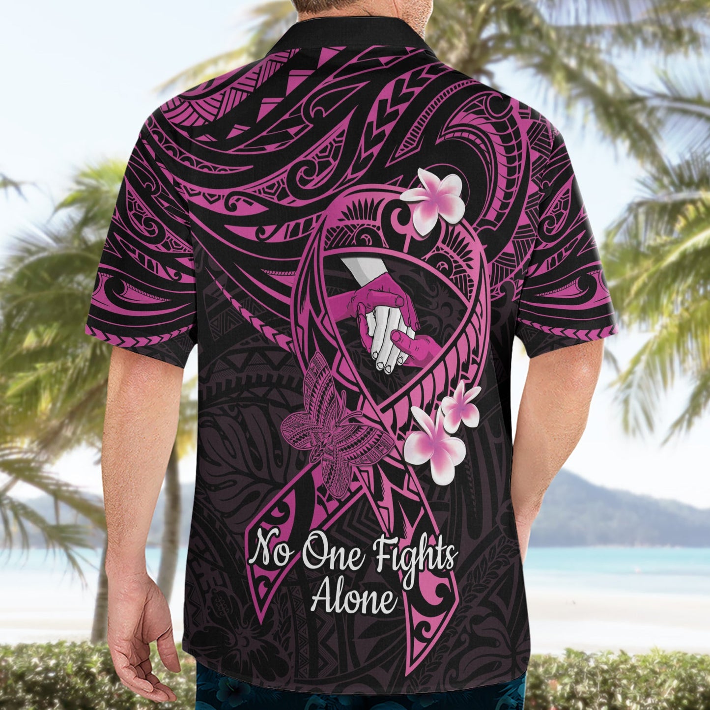 Polynesien Brustkrebs Bewusstsein Hawaiian Shirt Pink Ribbon No One Fights Alone - Schwarz LT14
