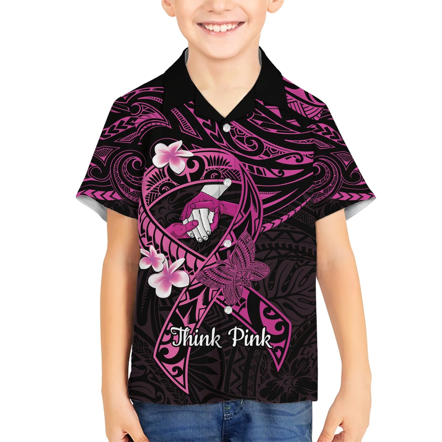 Polynesien Brustkrebs Bewusstsein Hawaiian Shirt Pink Ribbon No One Fights Alone - Schwarz LT14