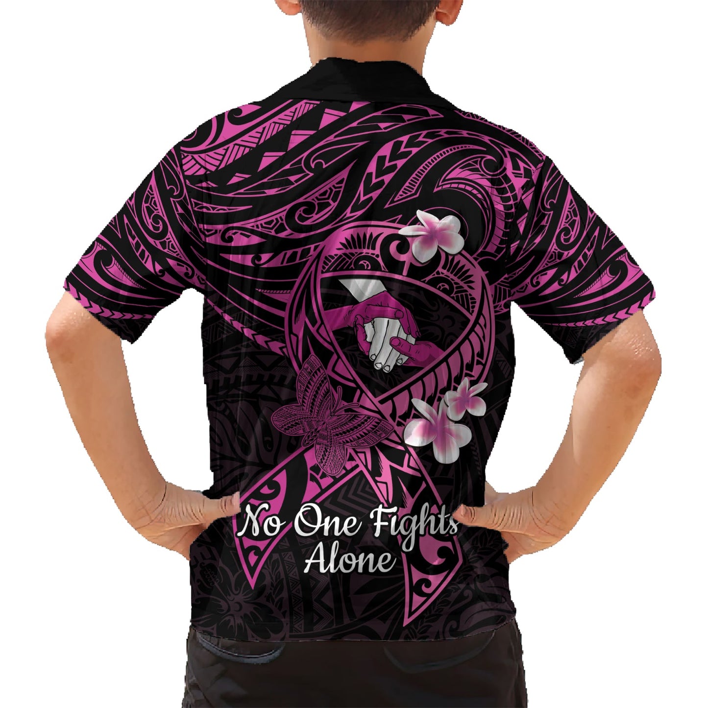 Polynesien Brustkrebs Bewusstsein Hawaiian Shirt Pink Ribbon No One Fights Alone - Schwarz LT14
