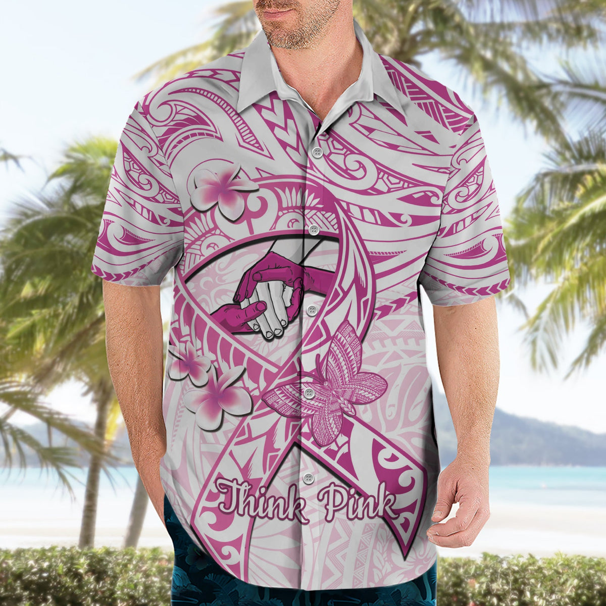 Polynesien Brustkrebs Bewusstsein Hawaiian Shirt Pink Ribbon No One Fights Alone - Weiß LT14