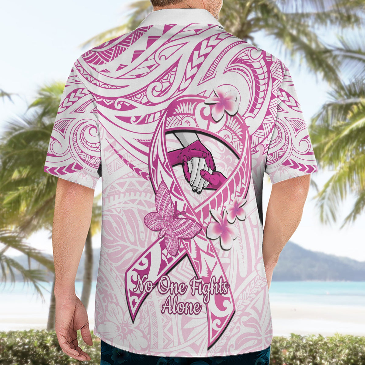 Polynesien Brustkrebs Bewusstsein Hawaiian Shirt Pink Ribbon No One Fights Alone - Weiß LT14