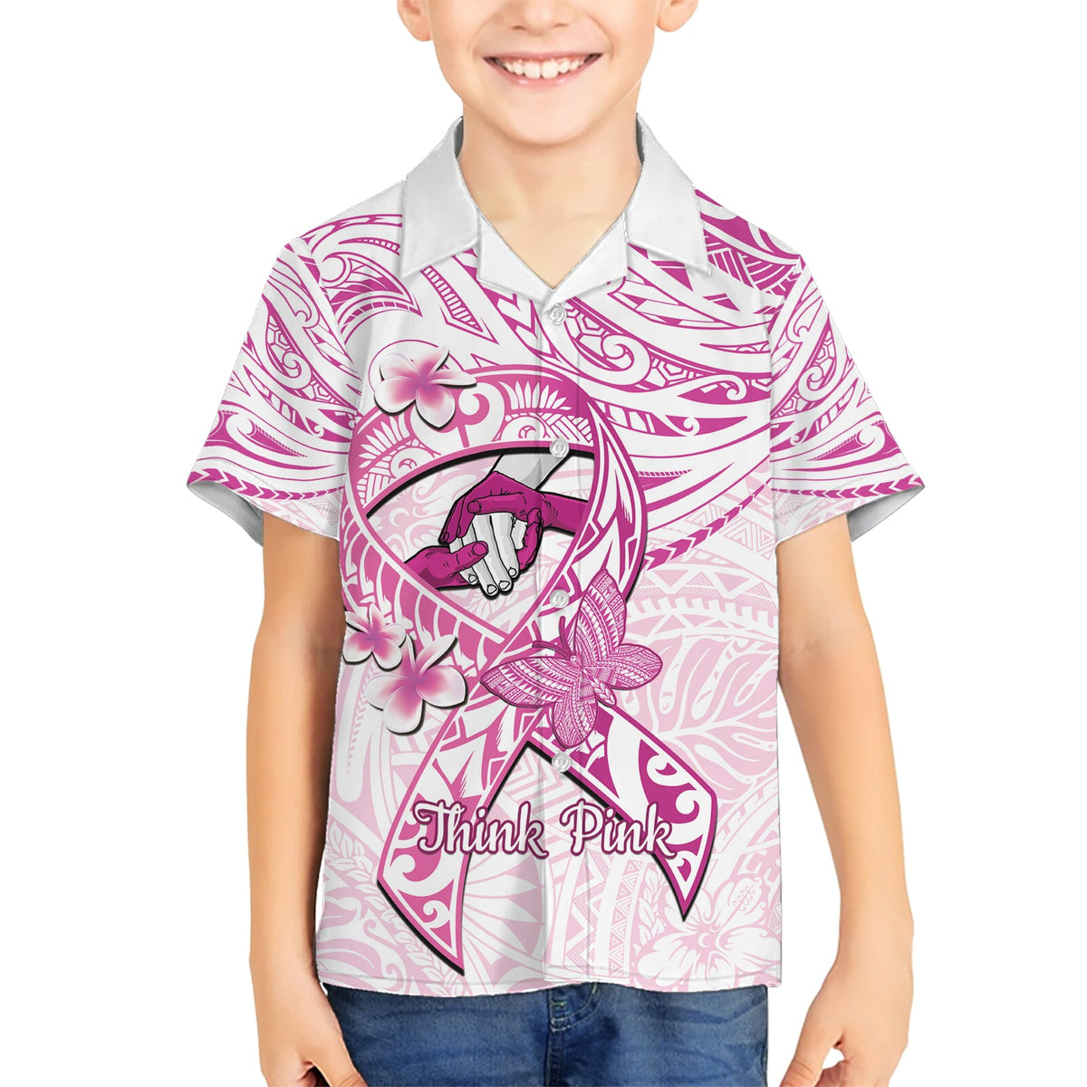 Polynesien Brustkrebs Bewusstsein Hawaiian Shirt Pink Ribbon No One Fights Alone - Weiß LT14