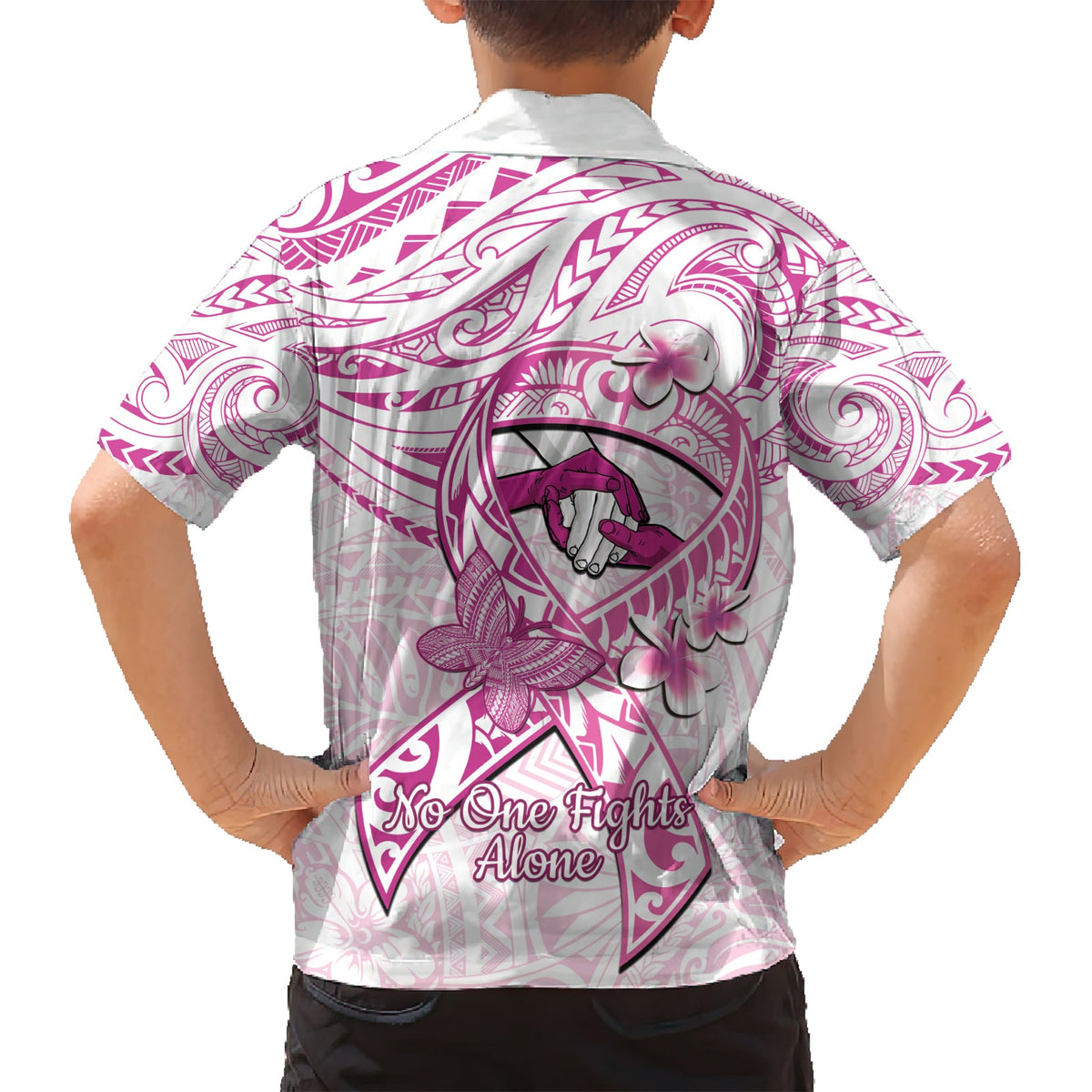 Polynesien Brustkrebs Bewusstsein Hawaiian Shirt Pink Ribbon No One Fights Alone - Weiß LT14