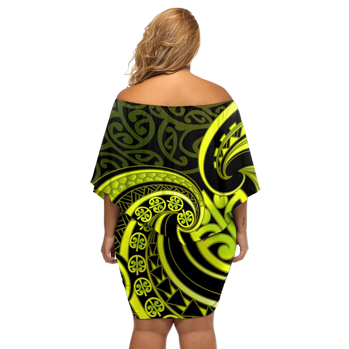 Limettengrünes, schulterfreies, kurzes Kleid blumen von Mangopare aus Neuseeland, Aotearoa Maori Koru Style LT14
