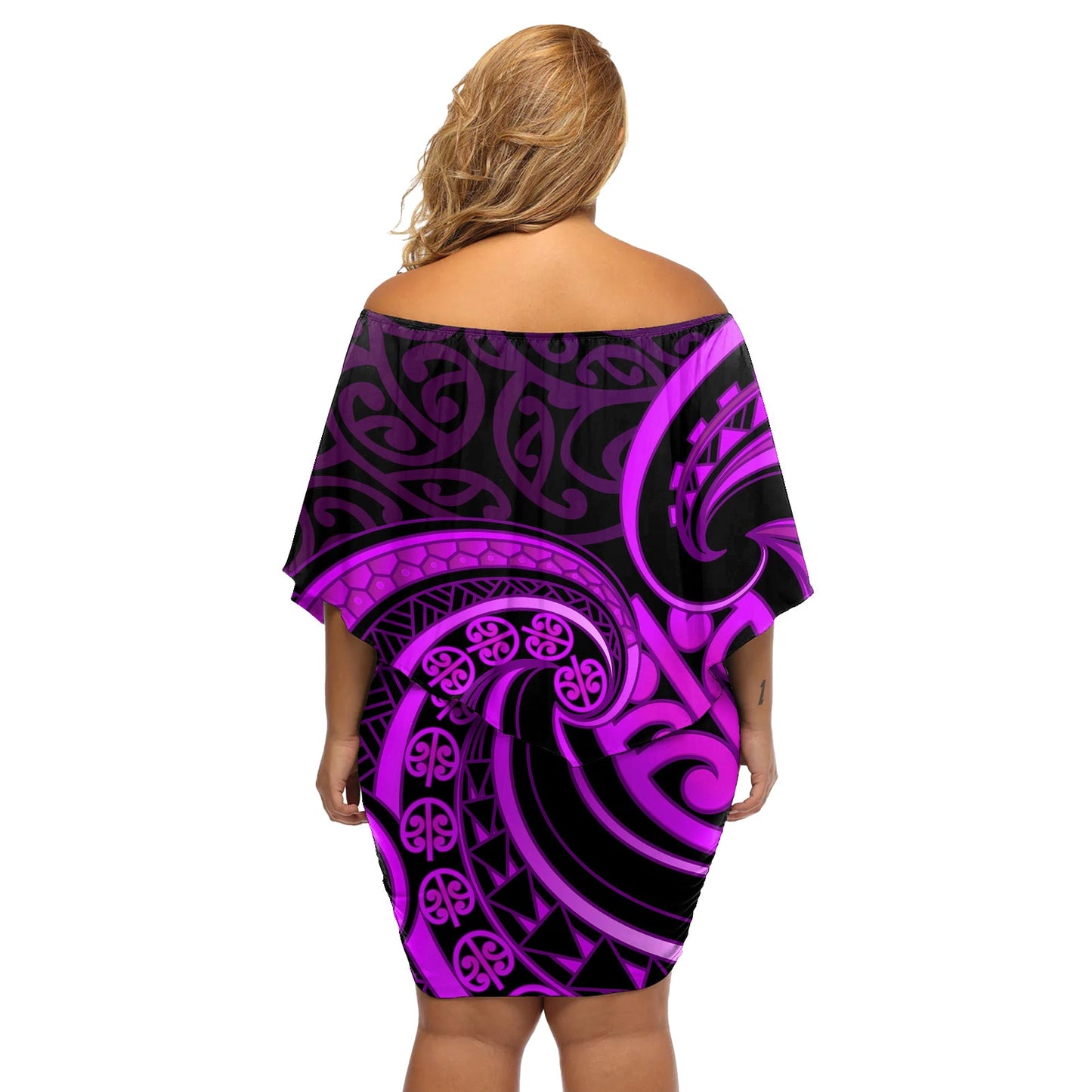 Lila Aotearoa Mangopare schulterfreies kurzes Kleid blumen NZ Maori Koru Style LT14