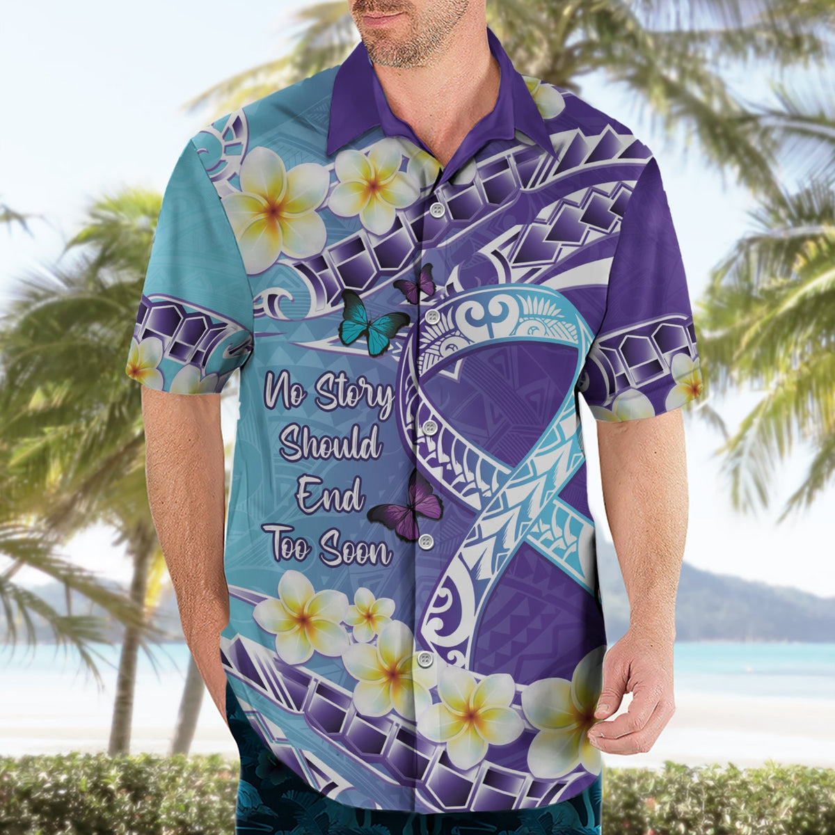 Keine Geschichte sollte zu früh enden Suizid-Aufklärung Hawaii-Shirt lila und blaugrün polynesischen Band LT14