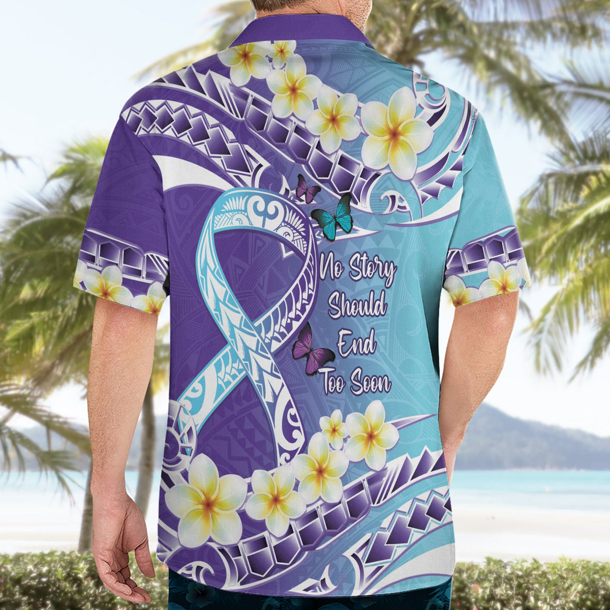 Keine Geschichte sollte zu früh enden Suizid-Aufklärung Hawaii-Shirt lila und blaugrün polynesischen Band LT14