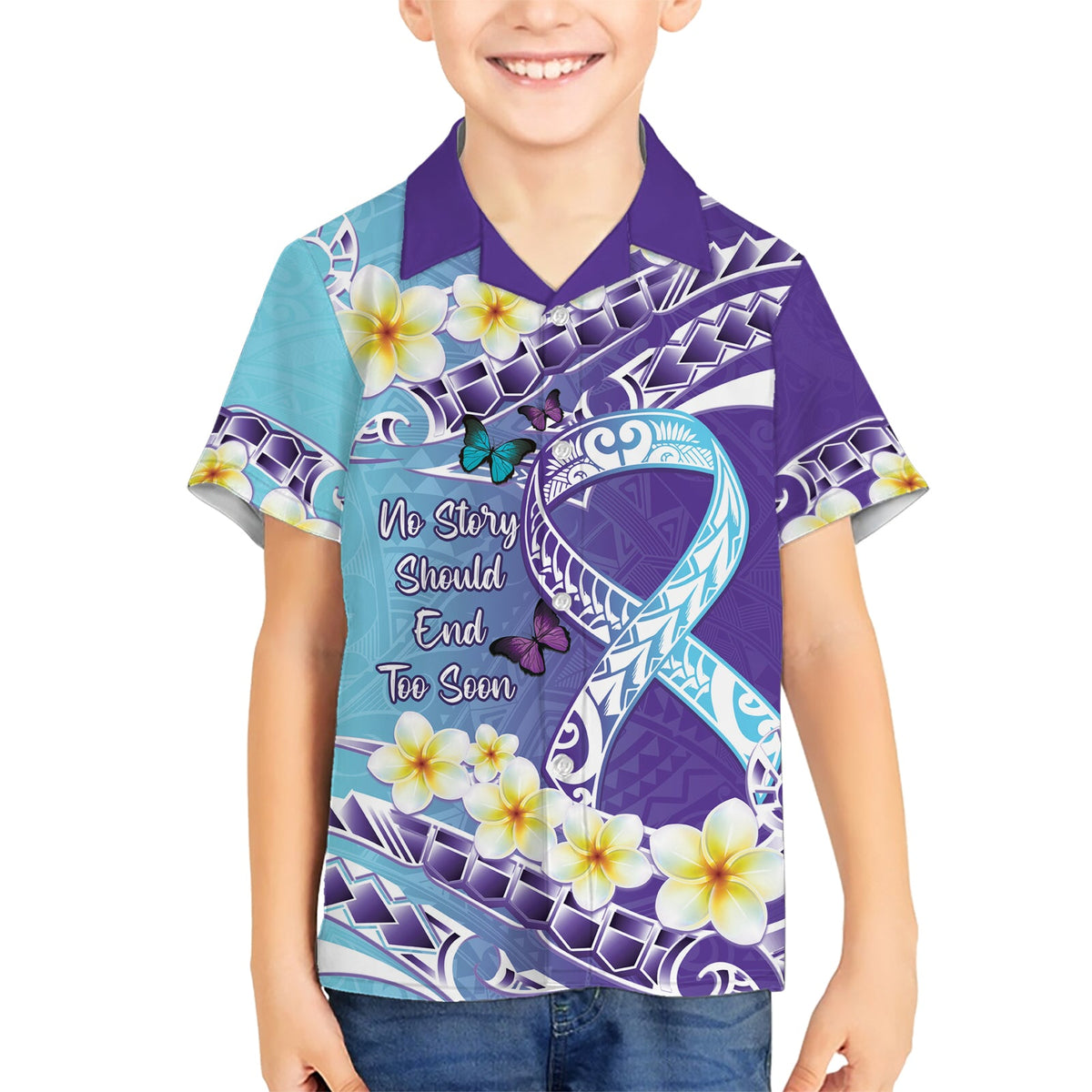 Keine Geschichte sollte zu früh enden Suizid-Aufklärung Hawaii-Shirt lila und blaugrün polynesischen Band LT14