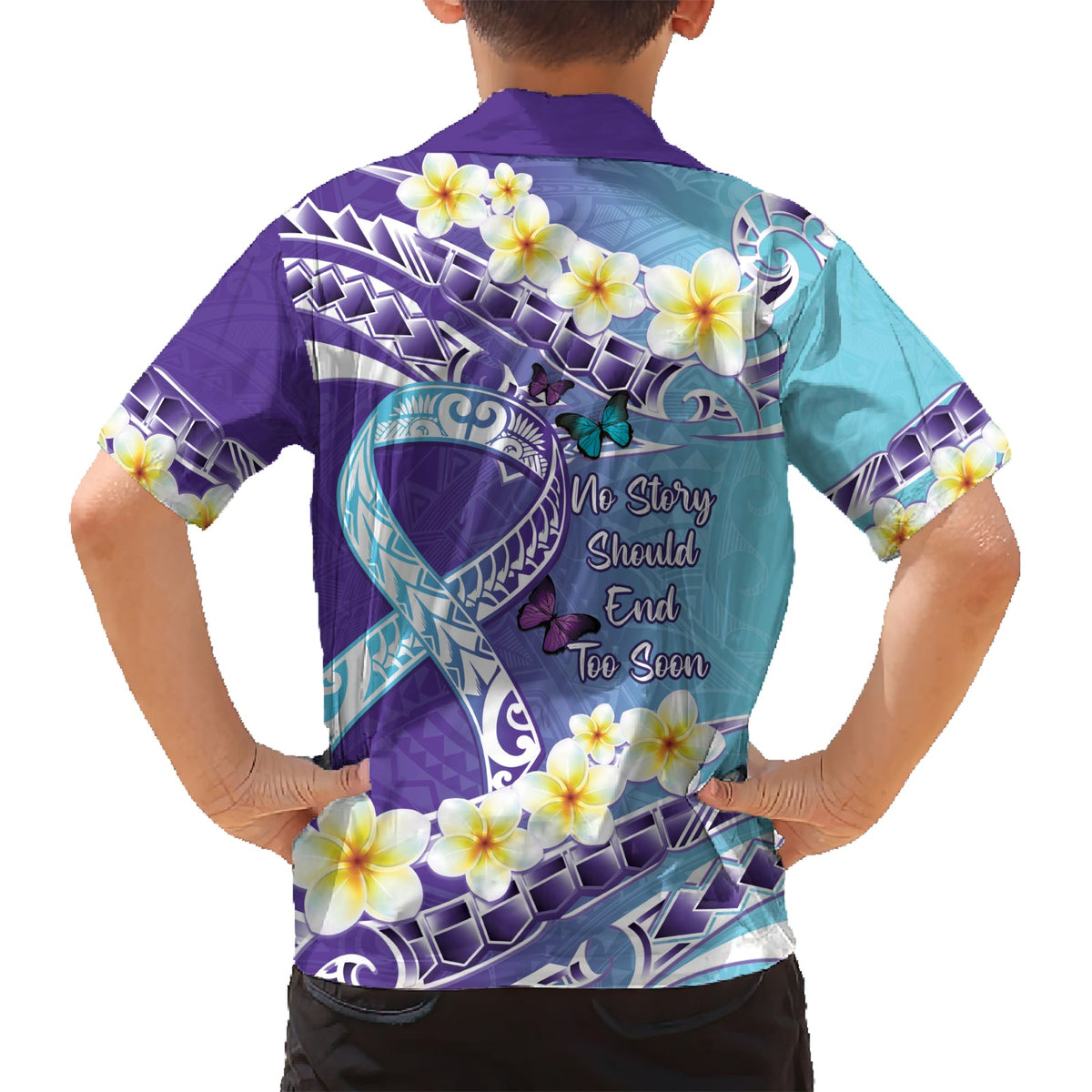 Keine Geschichte sollte zu früh enden Suizid-Aufklärung Hawaii-Shirt lila und blaugrün polynesischen Band LT14