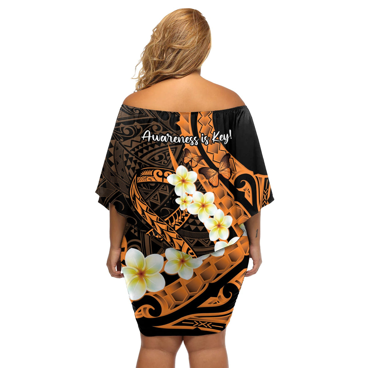 Monat des Bewusstseins für Leberkrebs, schulterfreies kurzes Kleid mit blumen, Bewusstsein ist der Schlüssel, orangefarbenes polynesisches Band LT14