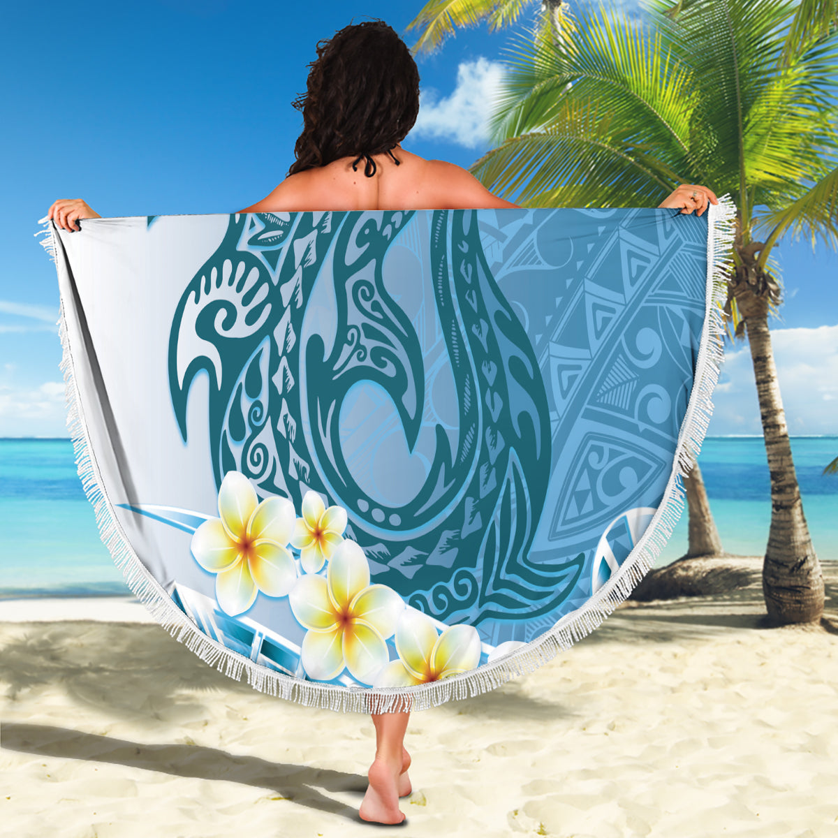 Stranddecke mit polynesischem Muster zum Vatertag, tropischer Buckelwal, Marineblau LT7