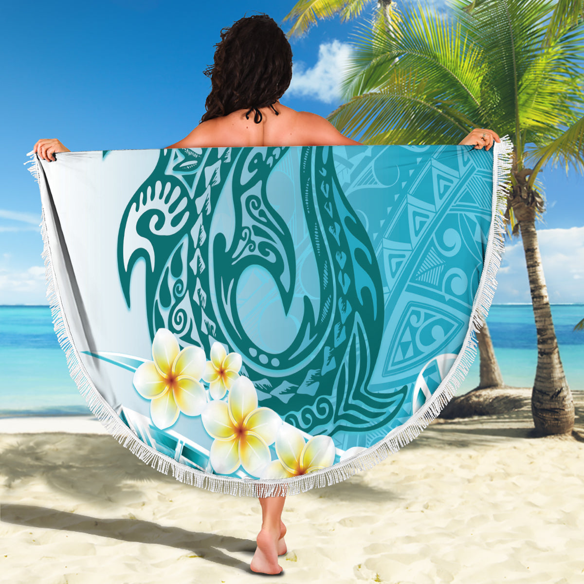 Stranddecke mit polynesischem Muster zum Vatertag, tropischer Buckelwal, Schwarz LT7