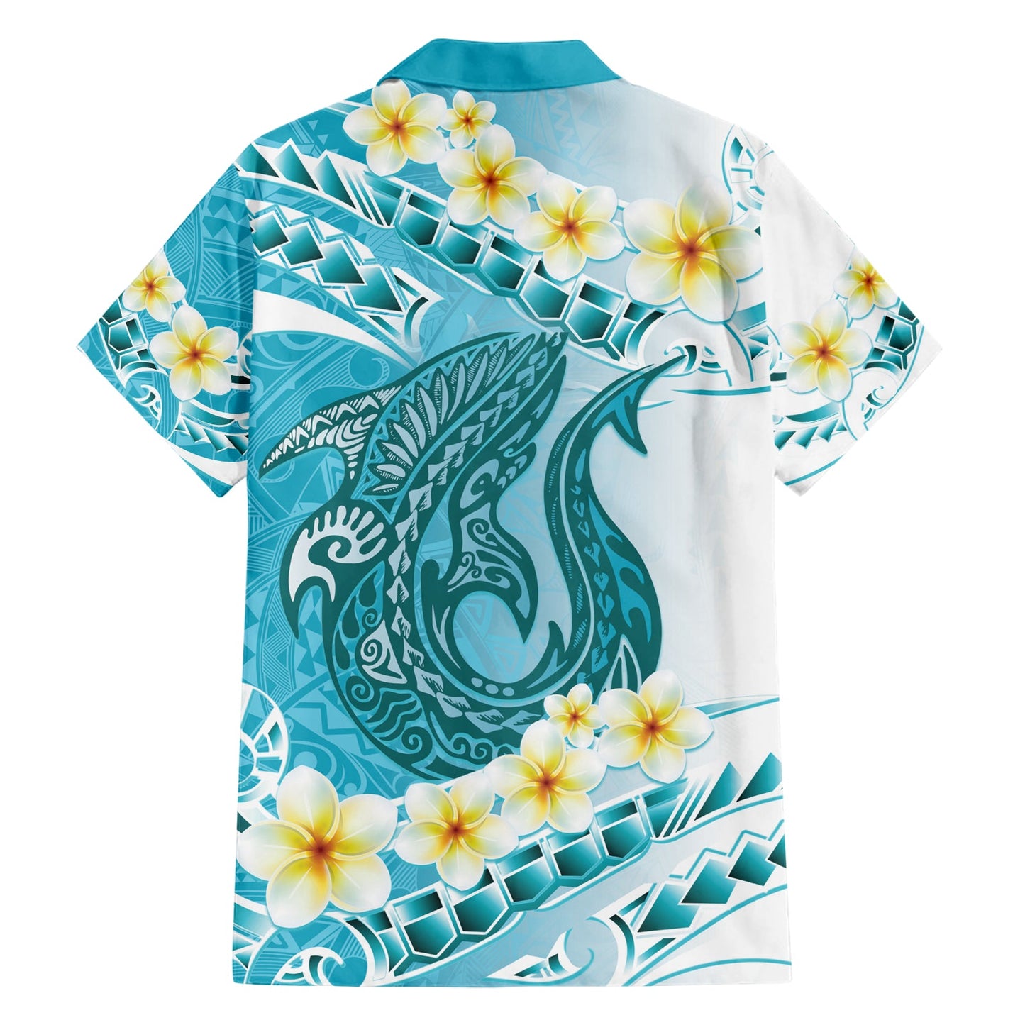 Türkis Hawaii Hai Tattoo Hawaiihemd Frangipani mit polynesischer Pastellversion LT14