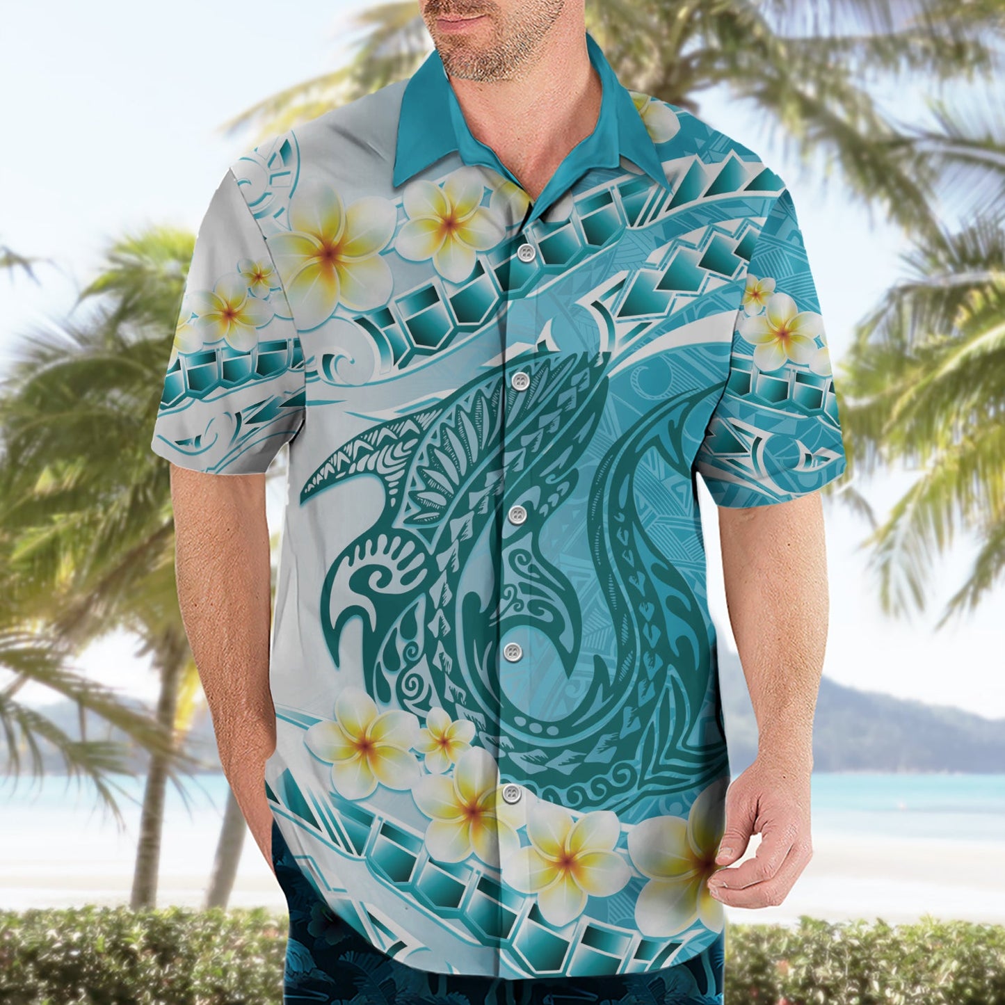 Türkis Hawaii Hai Tattoo Hawaiihemd Frangipani mit polynesischer Pastellversion LT14