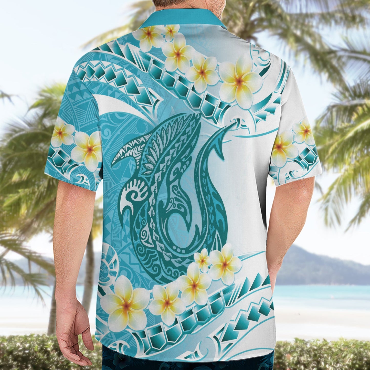 Türkis Hawaii Hai Tattoo Hawaiihemd Frangipani mit polynesischer Pastellversion LT14
