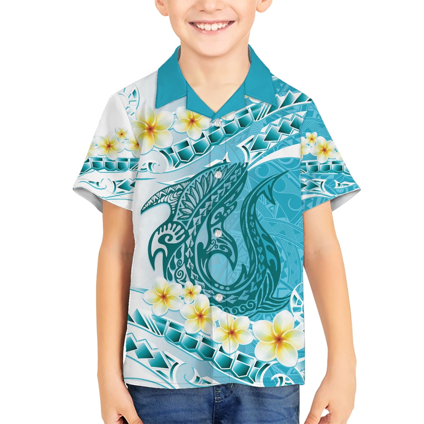 Türkis Hawaii Hai Tattoo Hawaiihemd Frangipani mit polynesischer Pastellversion LT14