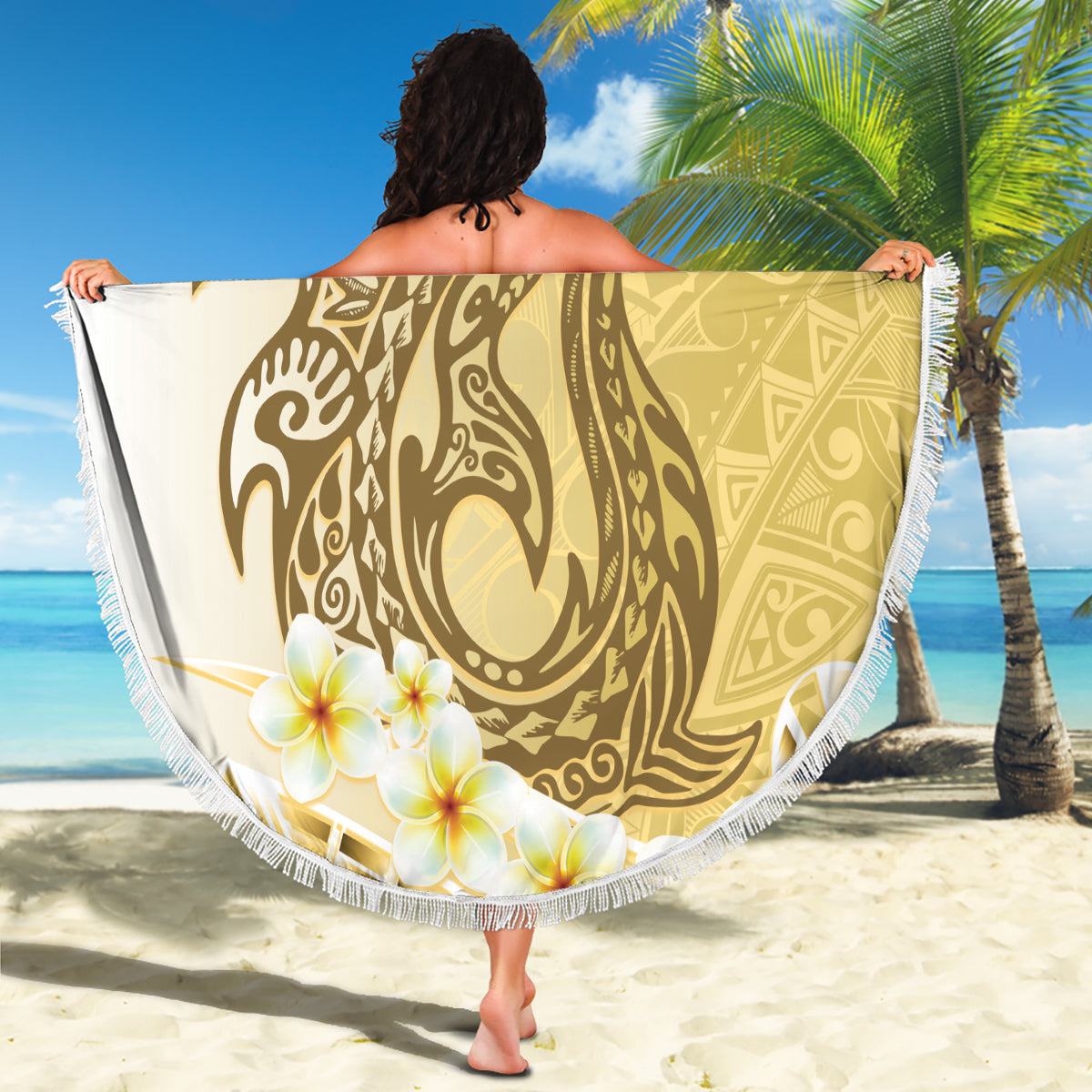 Weiße polynesische Hammerhai Tribal Muster Stranddecke LT05