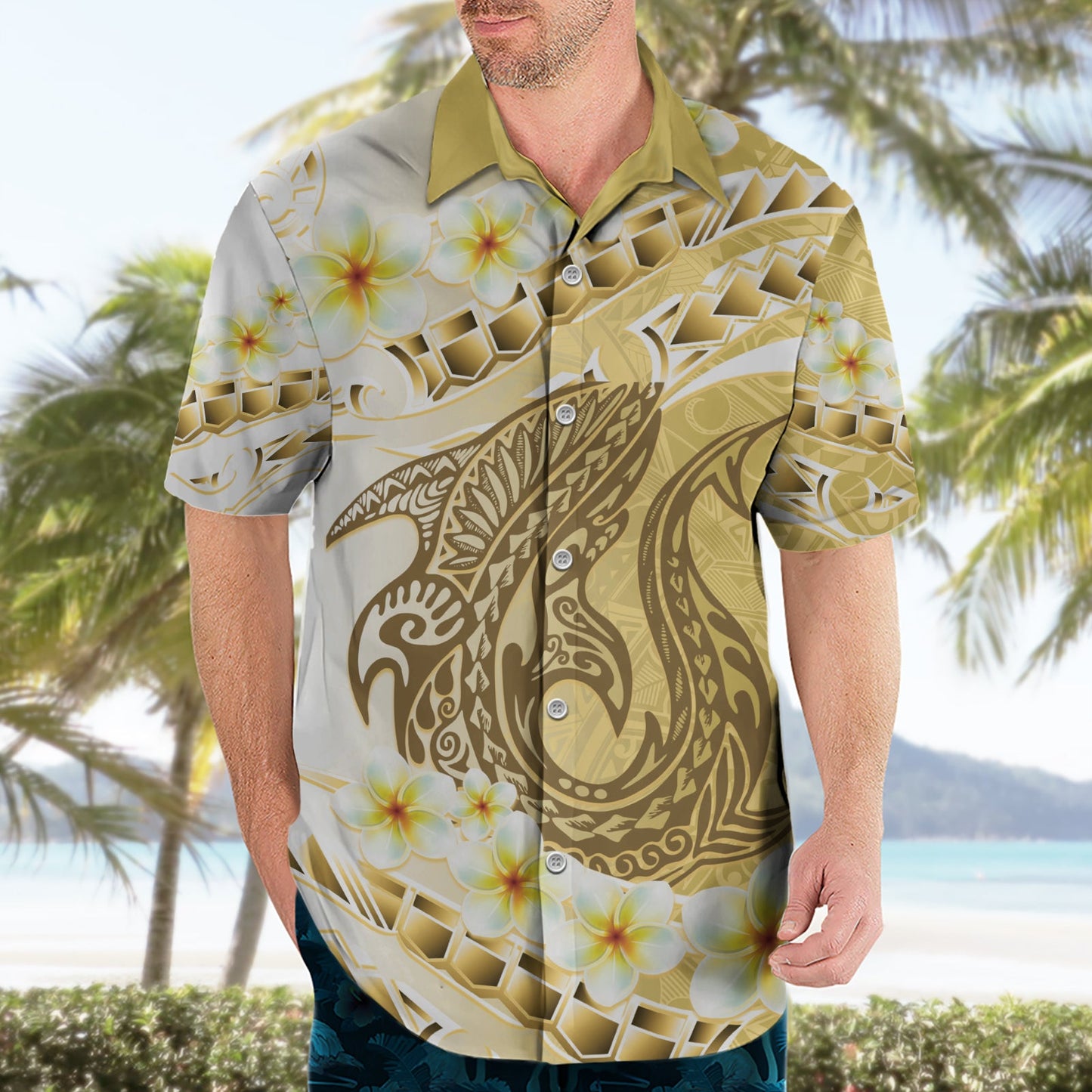 Gold Hawaii Hai Tattoo Hawaiihemd Frangipani mit polynesischer Pastellversion LT14