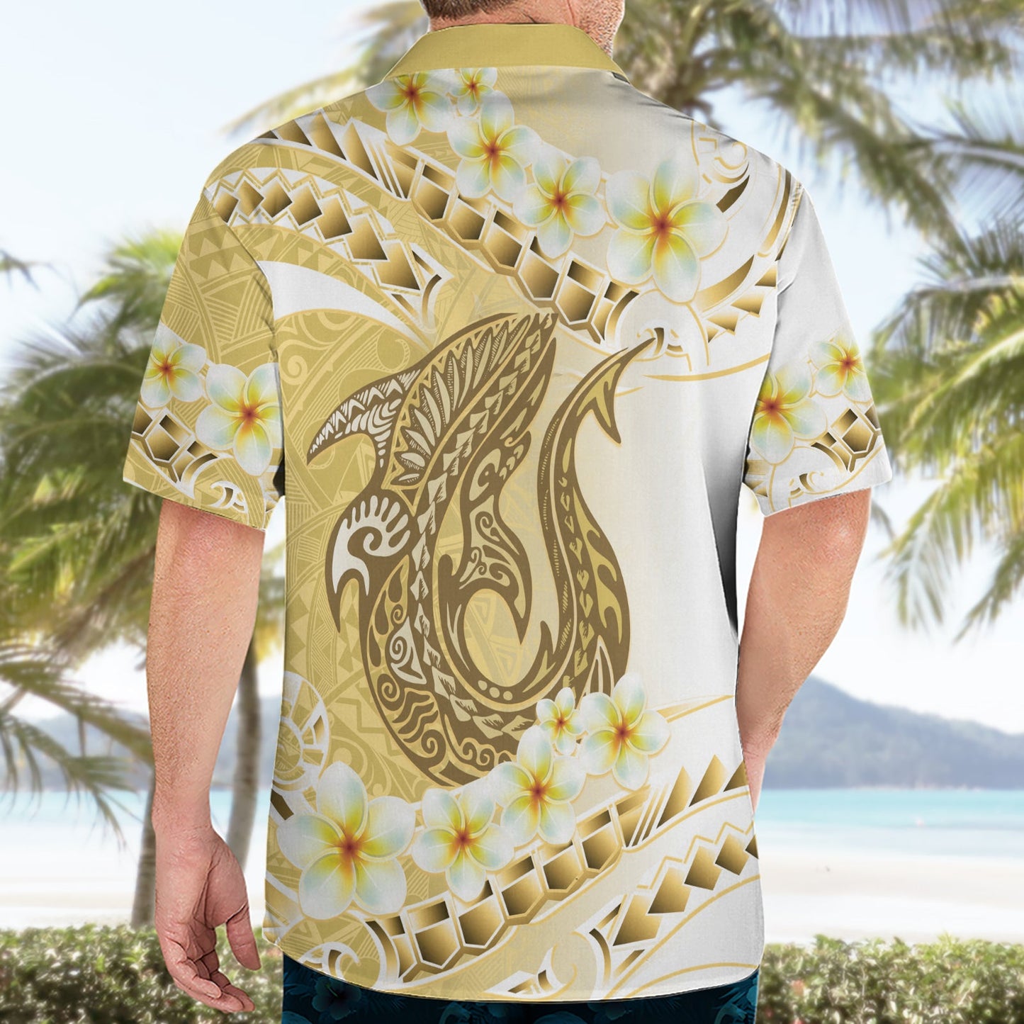 Gold Hawaii Hai Tattoo Hawaiihemd Frangipani mit polynesischer Pastellversion LT14