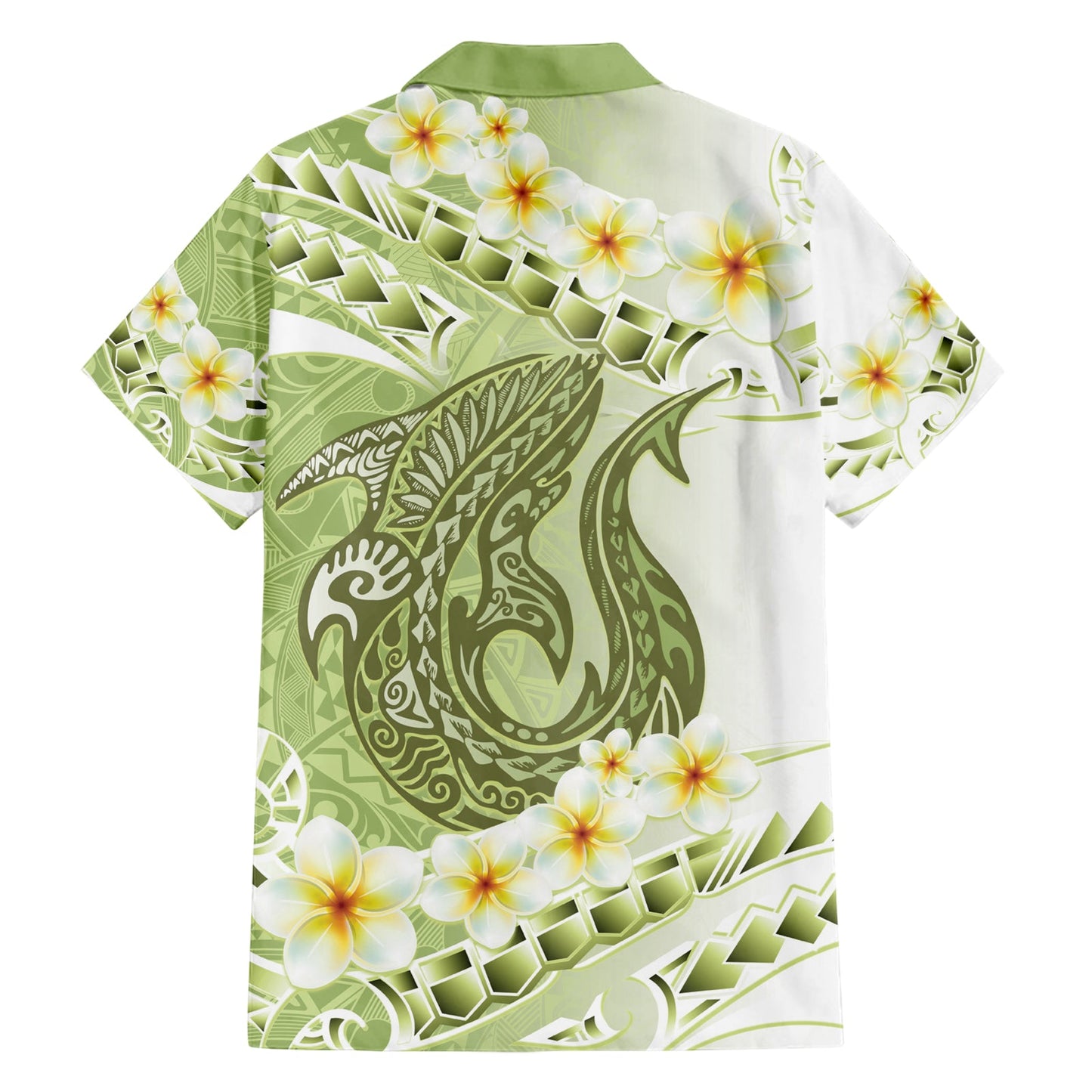 Grünes Hawaii Hai Tattoo Hawaiihemd Frangipani mit polynesischer Pastellversion LT14