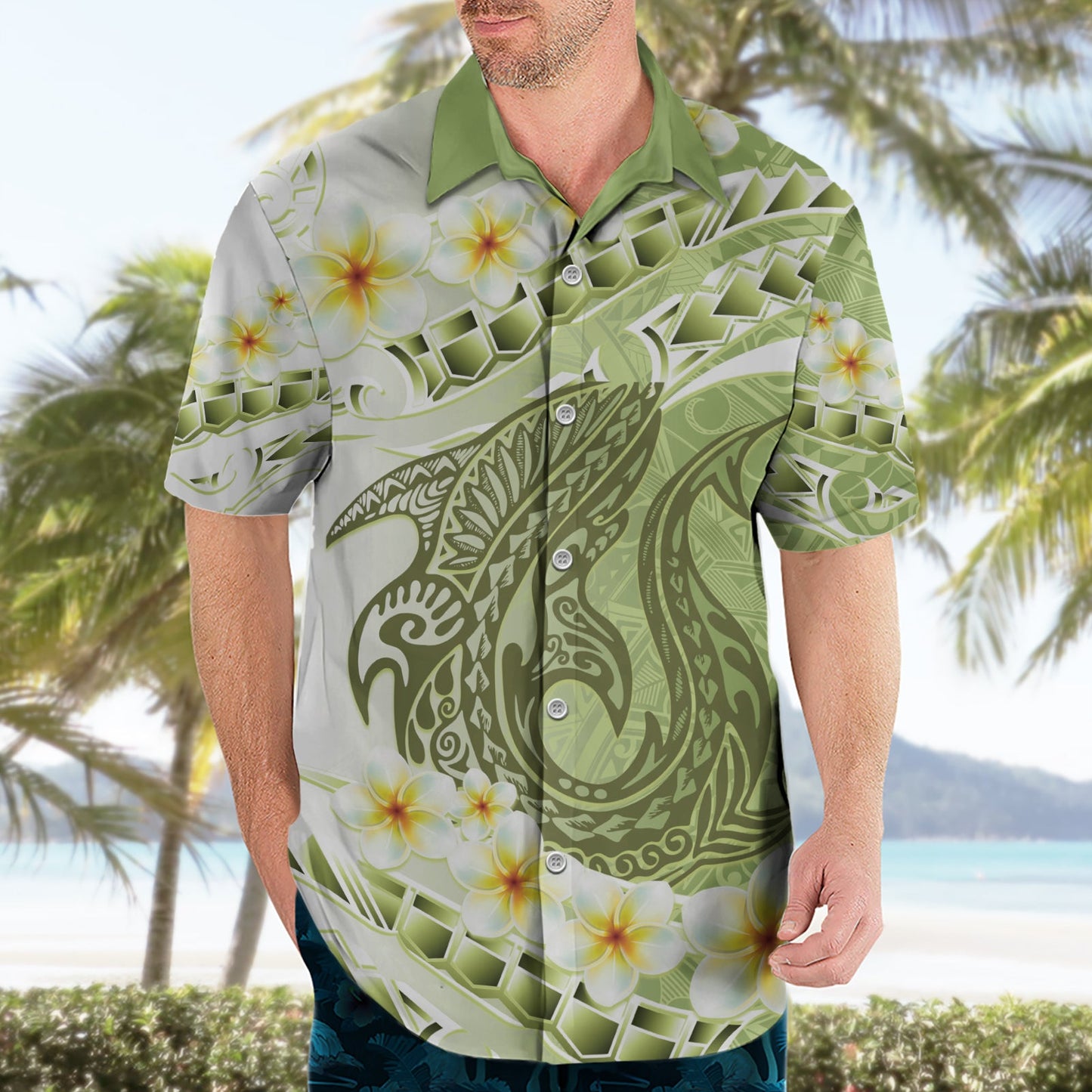 Grünes Hawaii Hai Tattoo Hawaiihemd Frangipani mit polynesischer Pastellversion LT14