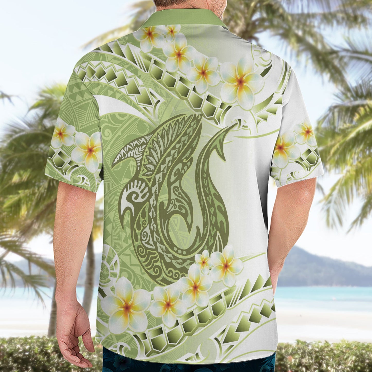Grünes Hawaii Hai Tattoo Hawaiihemd Frangipani mit polynesischer Pastellversion LT14