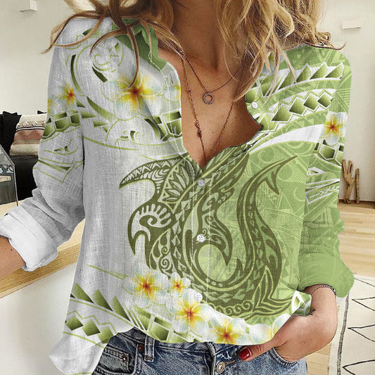 Green Hawaii Shark Tattoo Women Casual Shirt Frangipani With Polynesian Pastel Version